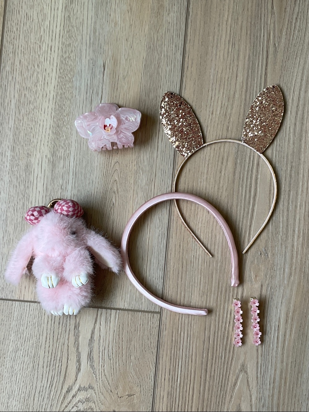 Set of Headbands, Hair Clips and Bunny Bag Charm Soft Girl Coquette Pink Kawaii